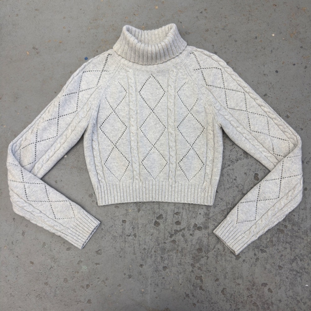 Sunday Best Aritzia Grey Merino Wool Cable Knit Cropped Turtleneck Sweater S